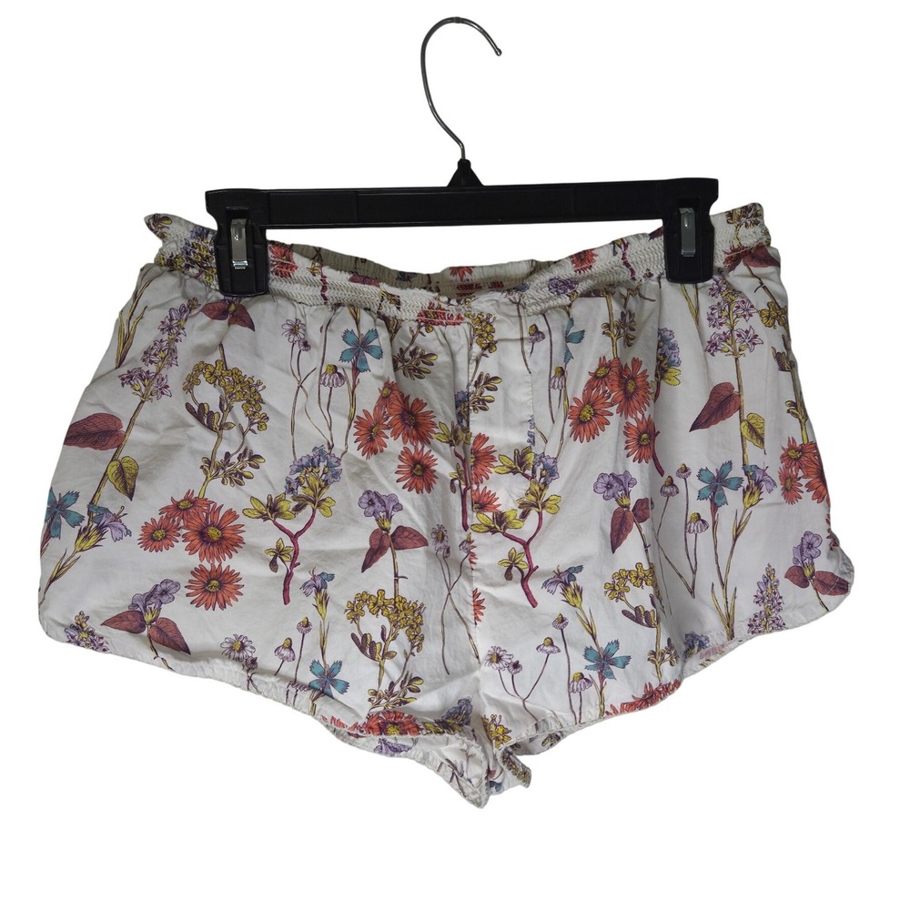 Anthropologie Floral Wildflower Smocked Waist Cotton Sleep Shorts White Orange L